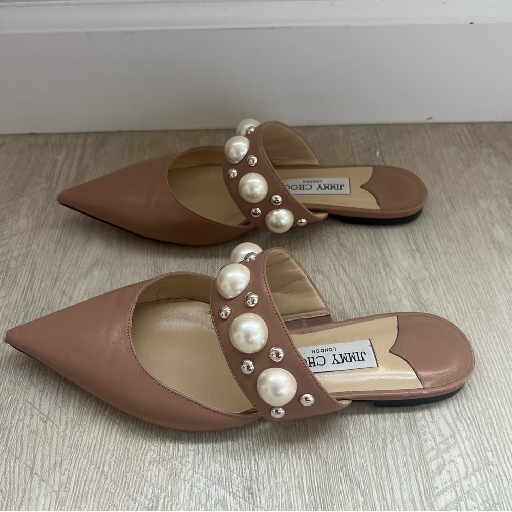 Jimmy Choo Blush Pink Pearl-Embellished Pointed Toe Flats - Picture 5 of 13